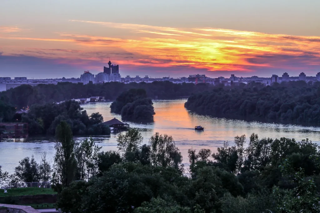 The Sava meeting the Danube below Kalemegdan fortress at sunset