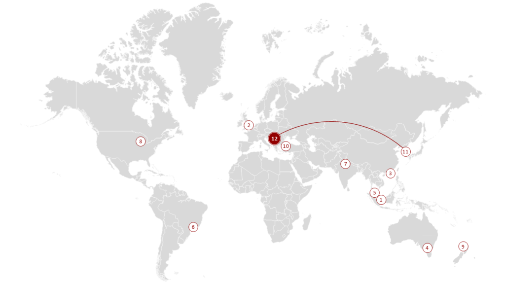 World map showing the twelve host cities of the SCLI conference series from Singapore 2006 to Belgrade 2027