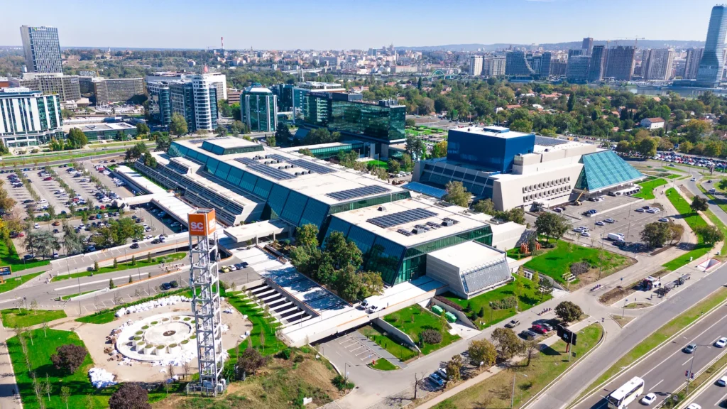 Aerial view of the Sava Centar complex in New Belgrade