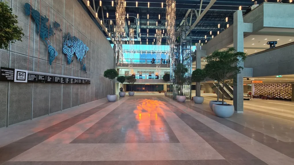 The entrance hall at Sava Centar, with the world map wall
